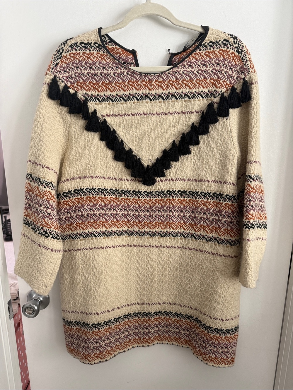 Zara Cream Tunic Dress with Black Tassel V-Trim and Rust Stripes